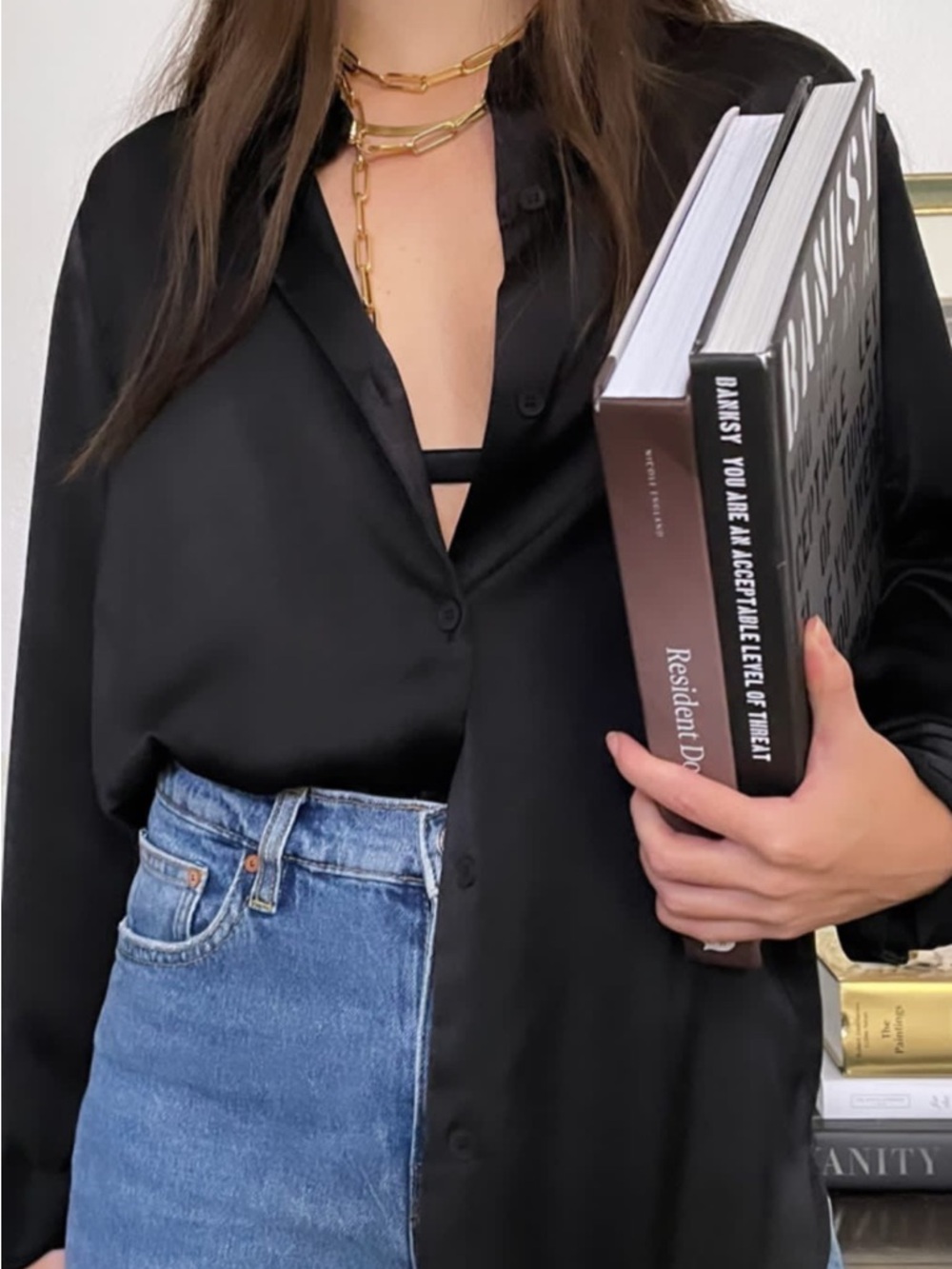 Black Satin Button-Up Shirt